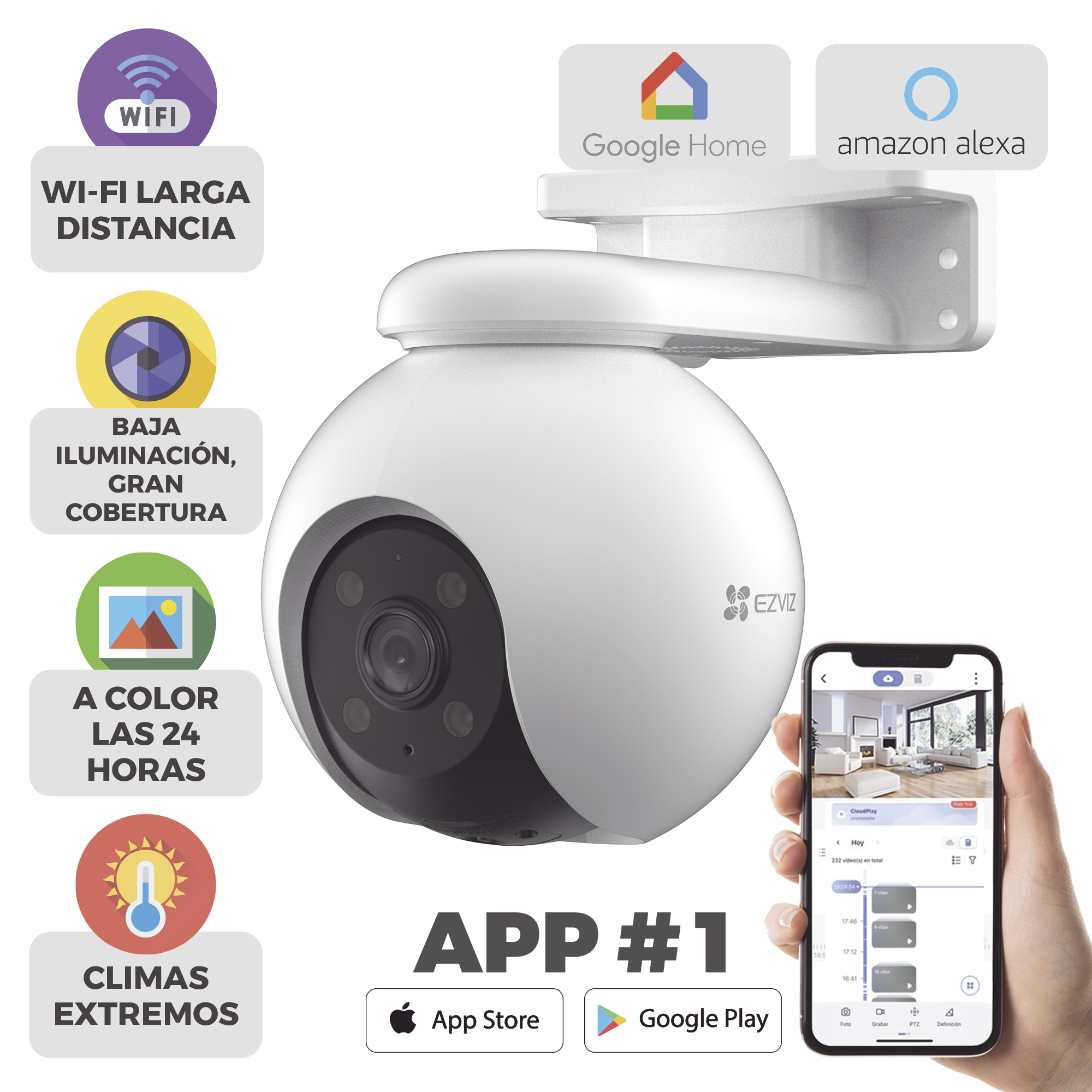 PT WiFi / (3K) 5MP / Visión 360° / Detección humana / Detección de Vehiculo / Sirena / Luz Parpadeante / Colores en Oscuridad / Micro SD / Presets / Autoseguimiento / Exterior
